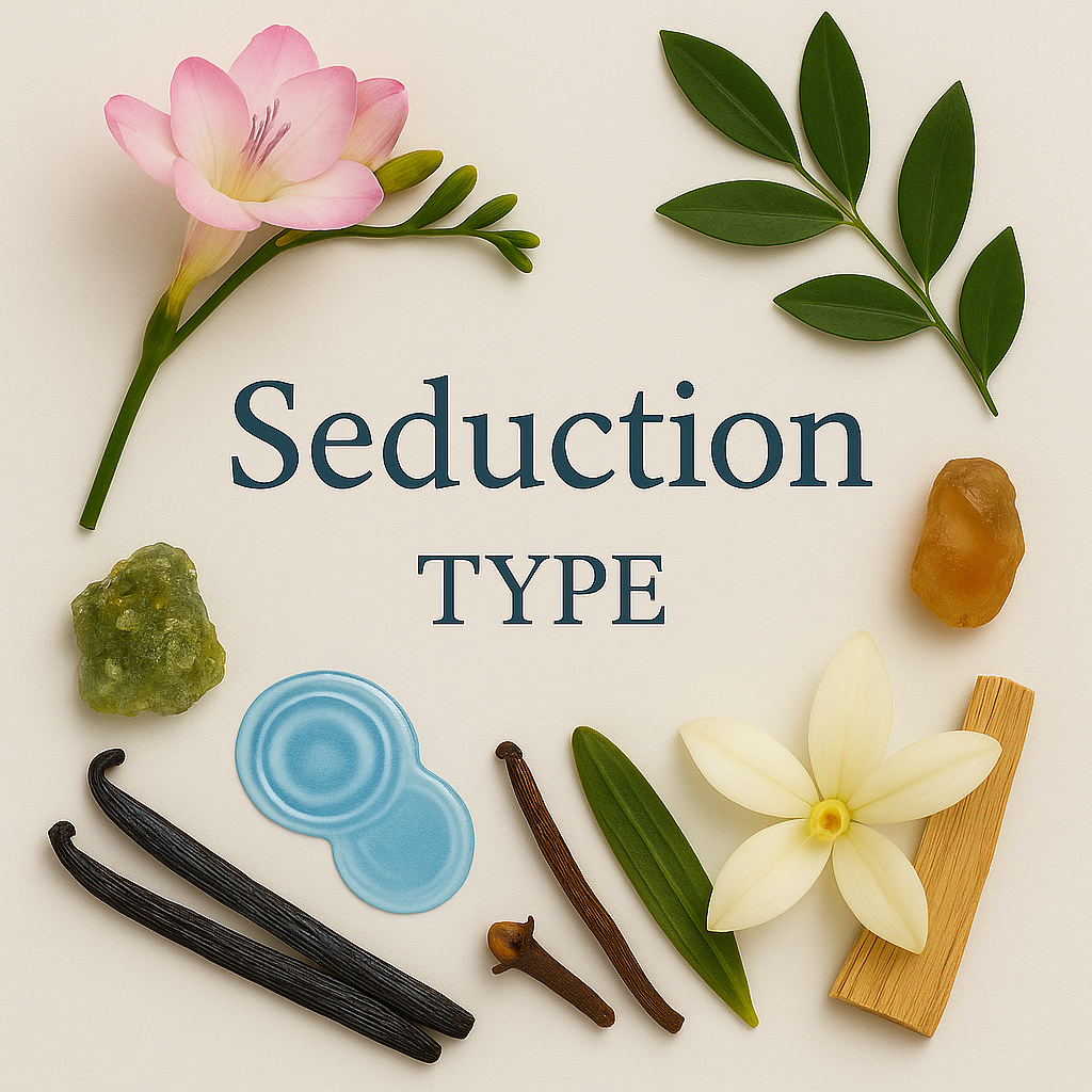 Seduction TYPE fragrance notes image featuring aquatic accents, pink florals, green leaves, galbanum resin, vanilla orchid, amber resin, cloves, and wood arranged around the centered title on a clean white background.
