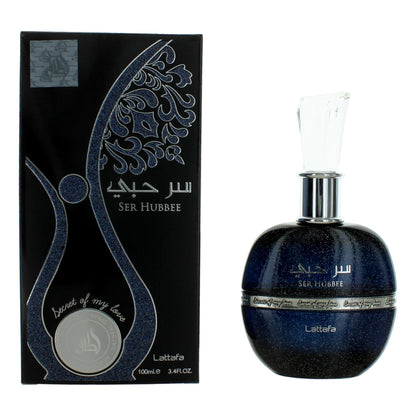 Ser Hubbee Eau de Parfum by Lattafa, featuring a luxurious dark blue bottle with silver accents and elegant black packaging, 100ML unisex fragrance.