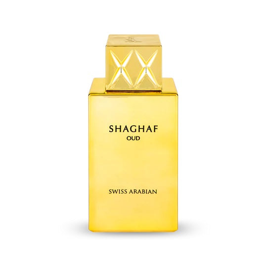 Shaghaf Oud by Swiss Arabian, a luxurious 75ML Eau De Parfum, showcased in a sleek and elegant gold bottle.