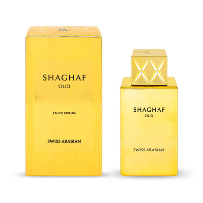 Shaghaf Oud by Swiss Arabian Eau De Parfum displayed with its matching golden packaging, exuding elegance and sophistication.