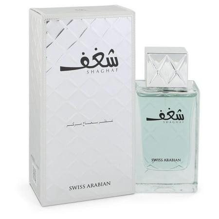 Shaghaf Eau De Parfum Spray by Swiss Arabian, a sophisticated 2.5 oz fragrance for men, featuring an elegant clear bottle and a sleek silver packaging.