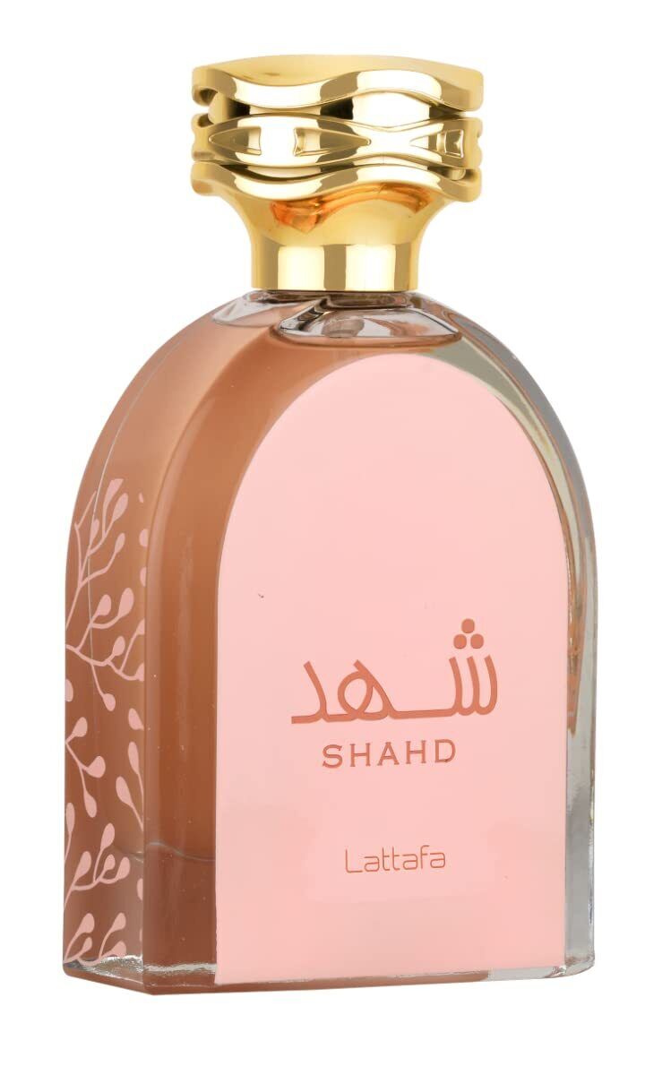 Shahd Eau de Parfum by Lattafa, featuring an elegant glass bottle with a golden cap and soft pink hue, 100ML unisex fragrance.