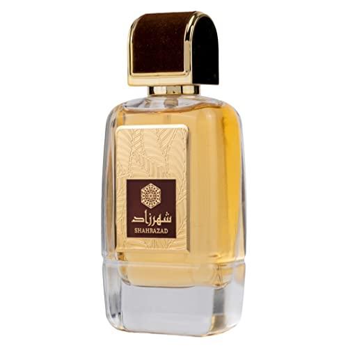 Shahrazad Eau De Parfum 100ML bottle by Ard Al Zaafaran, featuring an elegant gold and brown design with intricate detailing.