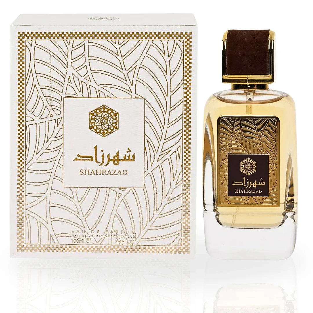 Shahrazad Eau De Parfum 100ML by Ard Al Zaafaran, showcasing the luxurious packaging with a white and gold box alongside the intricately designed bottle.