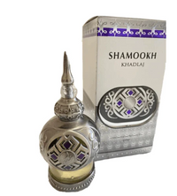 Shamookh Silver 20ml concentrated perfume oil by Khadlaj, presented in a stunning ornamental silver bottle with intricate detailing and matching elegant packaging.