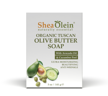 Shea Olein Organic Tuscan Olive Butter Soap packaging with Avocado Oil & Cucumber Peel - Ultra Moisturizing and Anti-Wrinkle benefits, 141 g.