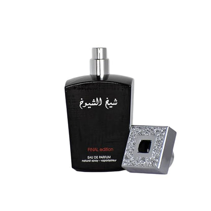 Sheikh Shuyukh Final Edition Eau de Parfum by Lattafa, featuring a sleek black bottle with silver accents and an ornate cap, 100ML fragrance.