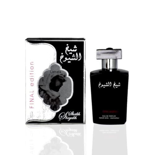 Sheikh Shuyukh Final Edition Eau de Parfum by Lattafa, showcasing the black bottle alongside its elegant black and silver packaging, 100ML unisex fragrance.