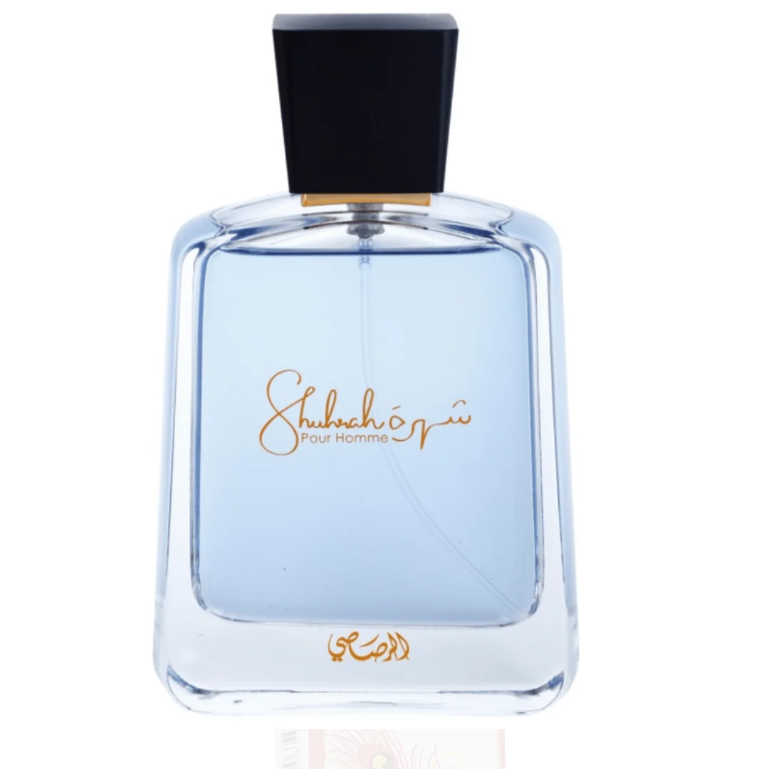 Shuhrah Pour Homme by Rasasi, showcasing its stylish blue bottle with bold black cap.