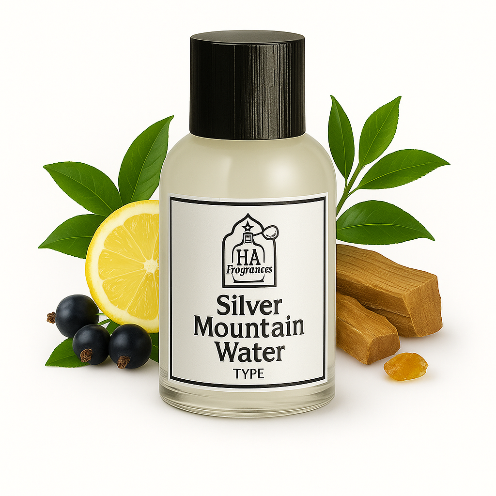 Silver Mountain Water Type perfume oil by HA Fragrances in a clear bottle, surrounded by lemon slice, black currants, green tea leaves, sandalwood, and amber resin on a white background.