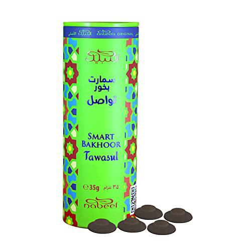 Image of Al Nabeel Smart Bakhoor Tawasul, a premium 35g bakhoor with a colorful cylindrical packaging and sleek black bakhoor discs displayed. Perfect for creating a captivating aromatic ambiance.