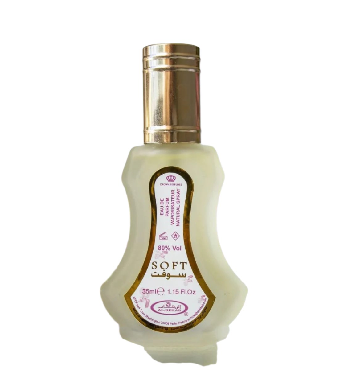 Soft EDP 35ml by Al Rehab, featuring an elegant, curvy bottle with gold accents and a sophisticated design, representing a sweet, ambery, and vanilla fragrance.