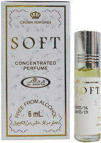 Soft 6ml concentrated perfume oil by Al-Rehab, featuring elegant white packaging with gold accents and a roll-on bottle for precise application.