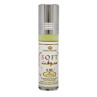 Soft 6ml roll-on concentrated perfume oil by Al-Rehab, showcasing a sleek white and gold design with floral details.