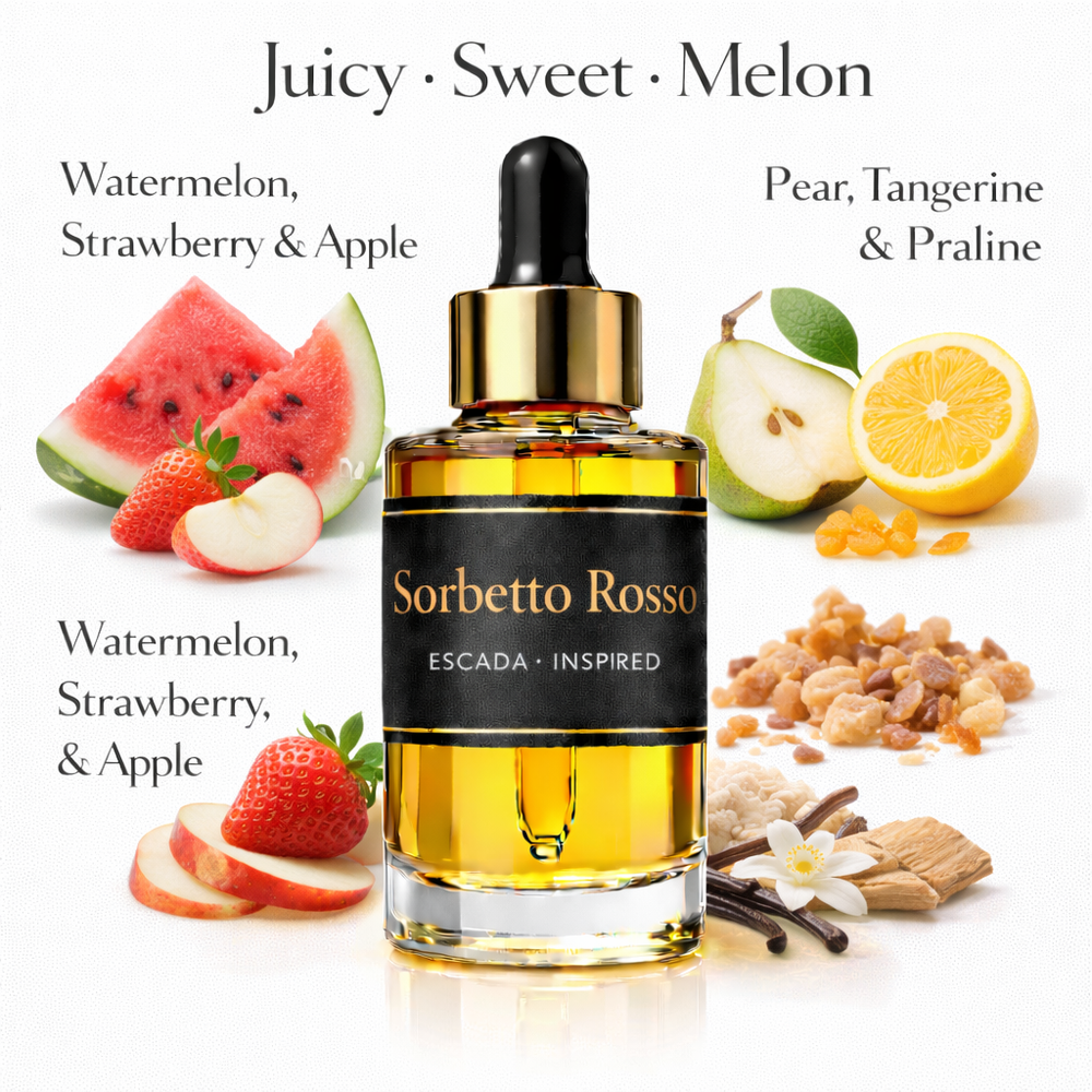 Sorbetto Rosso Escada Inspired fragrance oil – Juicy Sweet Melon scent with watermelon, strawberry, pear and praline on white background