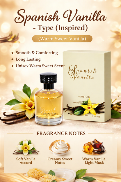 Spanish Vanilla Type Inspired fragrance oil by HA Fragrances, warm sweet vanilla scent with creamy gourmand notes, luxury long-lasting unisex fragrance oil bottle with vanilla flower and pods background.