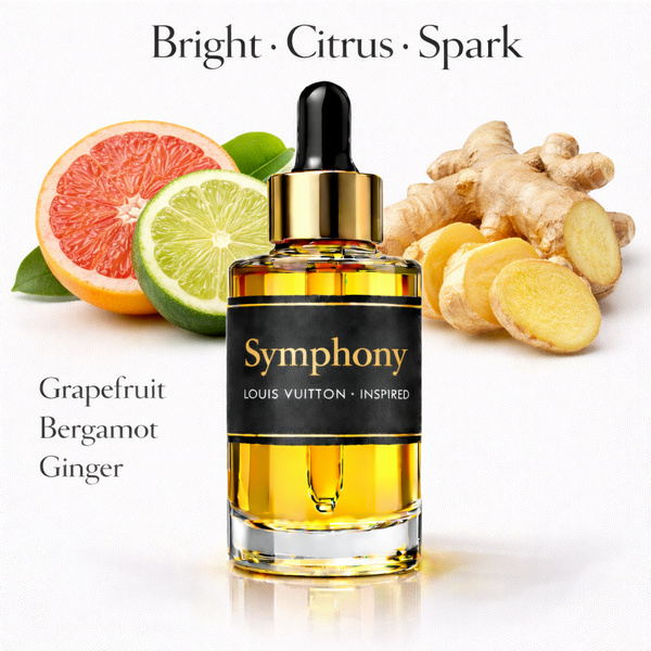 Symphony Louis Vuitton Inspired fragrance oil – Bright Citrus Spark scent with grapefruit, bergamot and ginger on white background