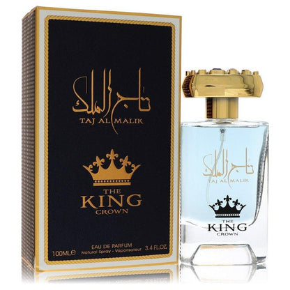 Taj Al Malik - The King Crown Perfume with a luxurious black and gold packaging and a gold-capped transparent bottle.