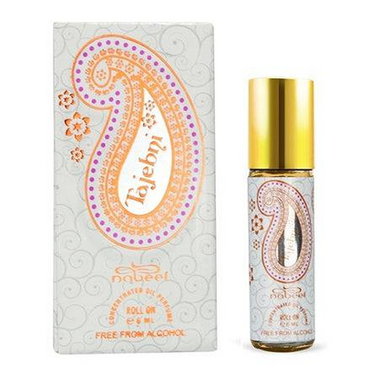 Tajebni 6ml roll-on perfume oil by Nabeel, featuring elegant paisley-inspired packaging with golden accents and a sleek gold-capped bottle.