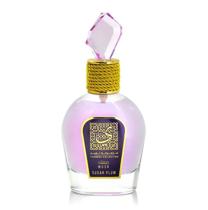 Thameen Collection Musk Sugar Plum by Lattafa, featuring a luxurious purple perfume bottle with a gold accent and a crystal-like cap.