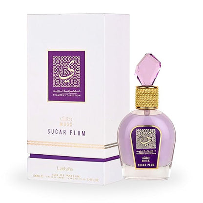 Thameen Collection Musk Sugar Plum by Lattafa, showing an elegant purple perfume bottle with its matching white and gold packaging, 100ML Eau de Parfum.