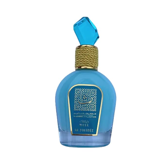 Thameen Collection So Poudree perfume bottle in a stunning blue design with a golden cap and intricate details.