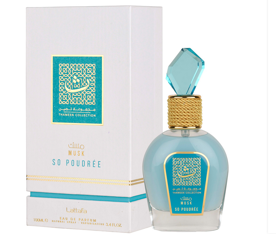 Thameen Collection So Poudree perfume bottle alongside its elegant white and turquoise packaging by Lattafa.