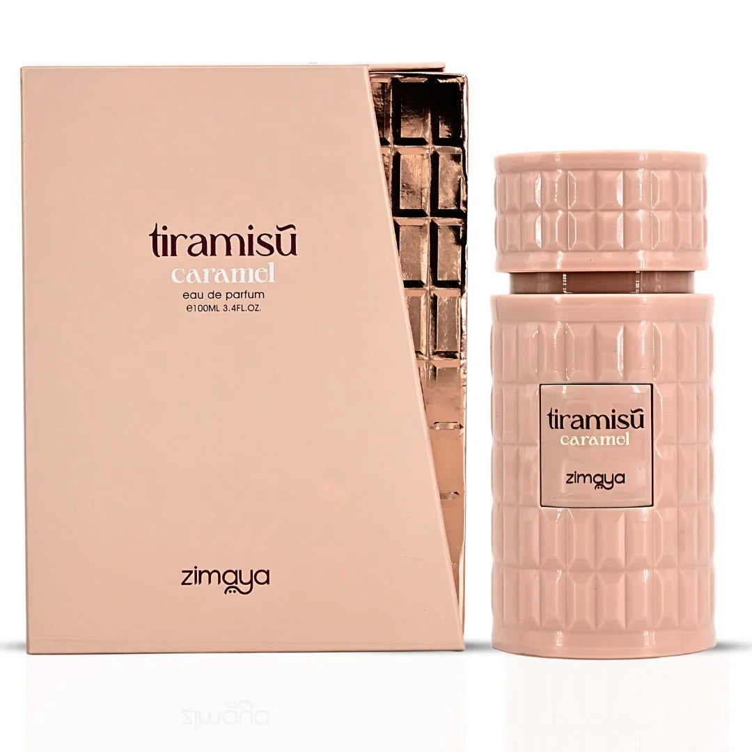 Zimaya Tiramisu Caramel Eau De Parfum 100ML bottle and box, warm gourmand perfume featuring caramel, vanilla bean, honey, and musky whiskey accords