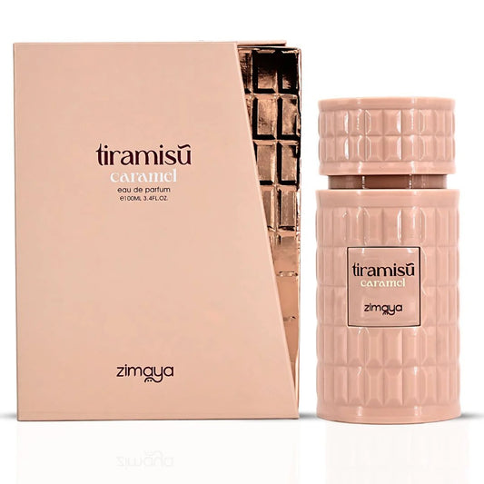 Zimaya Tiramisu Caramel Eau De Parfum 100ML bottle and box, warm gourmand perfume featuring caramel, vanilla bean, honey, and musky whiskey accords