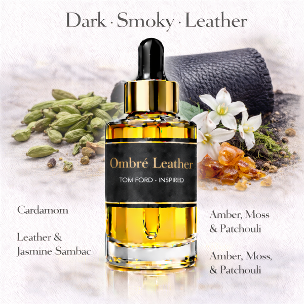 Tom Ford Ombre Leather Inspired fragrance oil – Dark Smoky Leather scent with cardamom, leather, amber and patchouli on white background