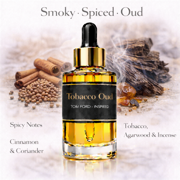 Tom Ford Tobacco Oud Inspired fragrance oil – Smoky Spiced Oud scent with cinnamon, coriander, tobacco and agarwood on white background