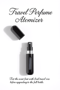 Black 8ml travel perfume atomizer with cap removed, showing refillable spray design and text that reads ‘Test the scent first with 8ml travel size before upgrading to the full bottle.’ Perfect sampling option by HA Fragrances.