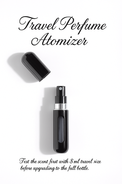 Travel perfume atomizer on a white background with text about scent testing.
