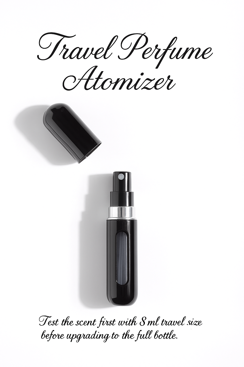 Travel perfume atomizer on a white background with text about scent testing.