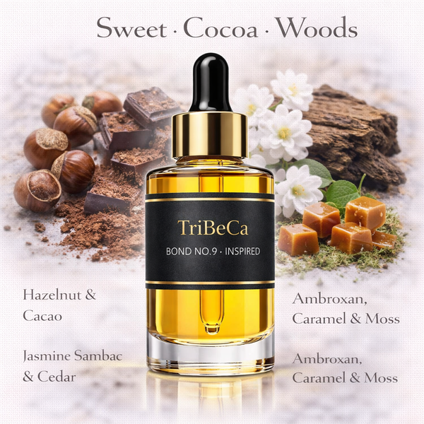 Bond No9 Tribeca Inspired fragrance oil – Sweet Cocoa Woods scent with hazelnut, cacao, caramel and amber on white background