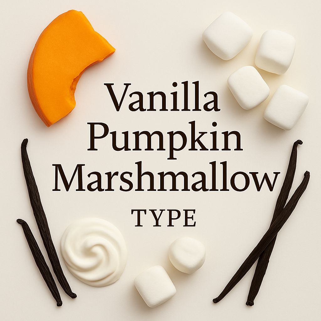 Vanilla Pumpkin Marshmallow TYPE fragrance notes image featuring pumpkin slice, marshmallows, vanilla beans, and whipped cream arranged around the centered title on a clean white background.