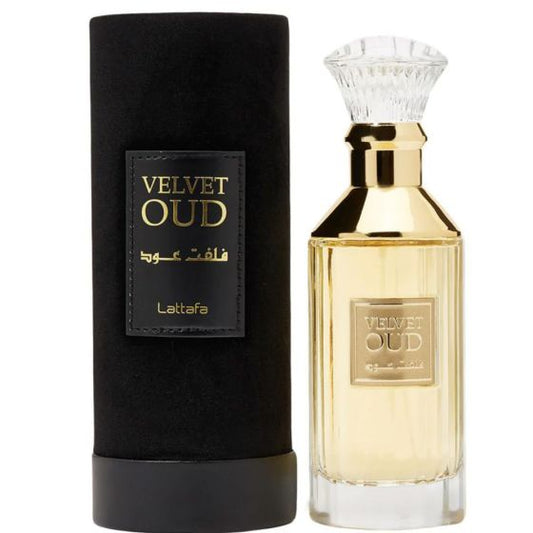 Velvet Oud Eau de Parfum by Lattafa, featuring a luxurious gold bottle with a crystal cap and black velvet packaging, 30ML unisex fragrance.