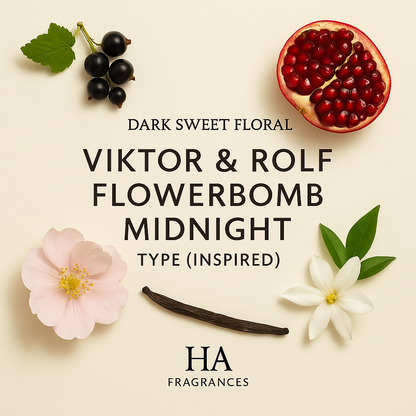 Viktor & Rolf Flowerbomb Midnight Type Inspired perfume oil graphic by HA Fragrances, featuring black currant, pomegranate, jasmine, peony, and vanilla bean notes arranged around the centered fragrance title.