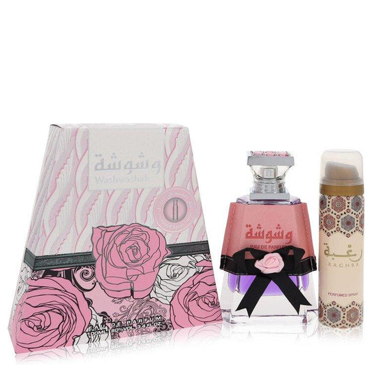 Washwasha Eau de Parfum set by Lattafa, featuring a luxurious pink and floral bottle with elegant packaging and an additional perfumed spray, 100ML fragrance.