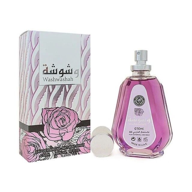 Washwashah Eau De Parfum 50ML by Ard Al Zaafaran, featuring a vibrant purple bottle and matching floral-themed packaging adorned with pink roses.