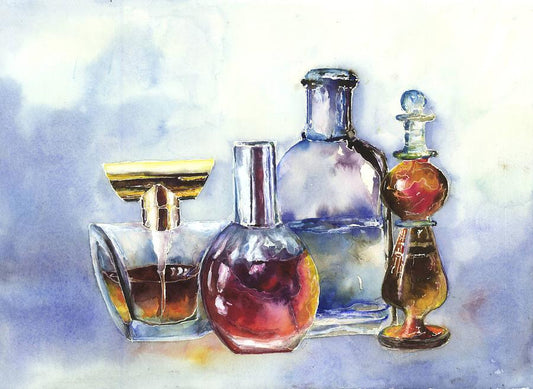Watercolor painting of various glass bottles with liquid on a light blue background