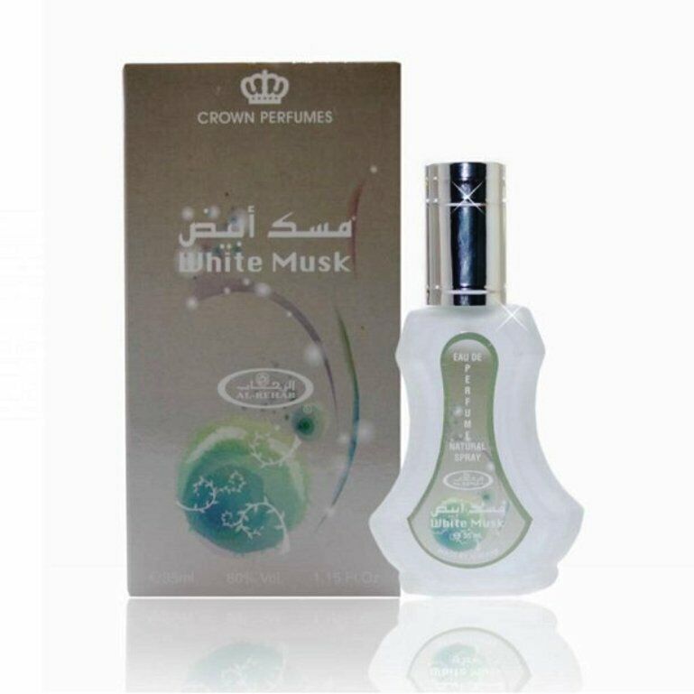 White Musk Eau de Parfum 35ml by Al-Rehab, featuring an elegant frosted bottle and sleek silver cap, paired with sophisticated packaging that highlights its fresh and clean musk fragrance.