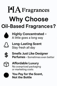 Why choose oil-based fragrances from HA Fragrances highlighting long-lasting scent, high concentration, designer-inspired aroma, and affordable luxury.