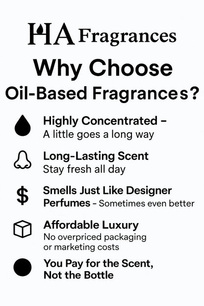 Why choose oil-based fragrances from HA Fragrances highlighting long-lasting scent, high concentration, designer-inspired aroma, and affordable luxury.