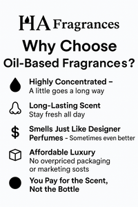 HA Fragrances educational guide explaining why oil-based fragrances are better, highlighting benefits such as high concentration, long-lasting scent, designer-quality smell, affordable luxury, and paying for the scent not the bottle.