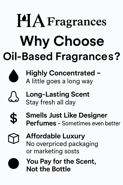 HA Fragrances educational guide explaining why oil-based fragrances are better, highlighting benefits such as high concentration, long-lasting scent, designer-quality smell, affordable luxury, and paying for the scent not the bottle.
