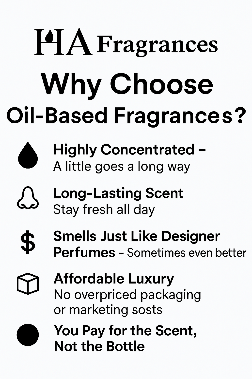 Promotional text about oil-based fragrances from HA Fragrances on a white background.