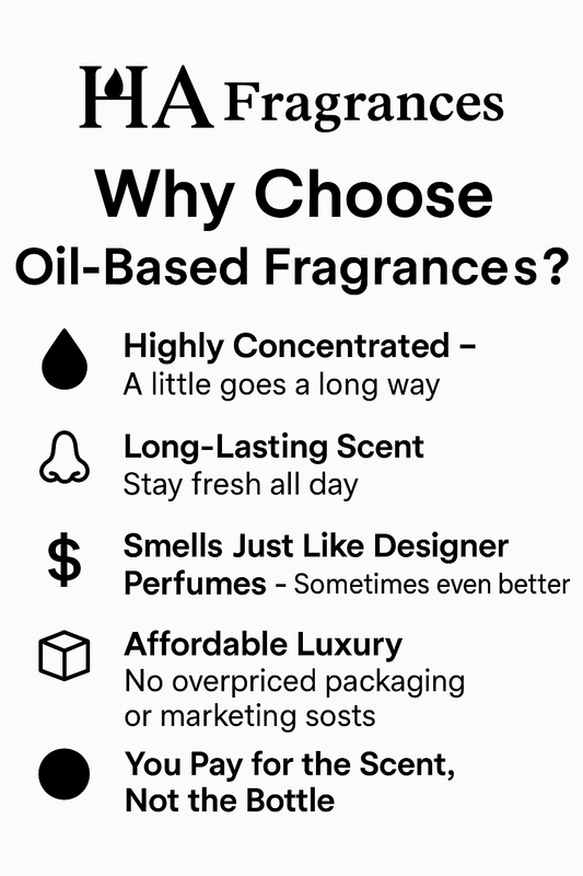 Promotional text about oil-based fragrances from HA Fragrances on a white background.