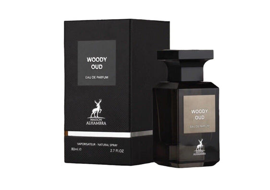 Woody Oud Eau de Parfum by Maison Alhambra, featuring an elegant black bottle with a matte label and matching black packaging, 80ML men's fragrance.