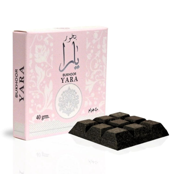 Yara Bukhoor by Ard Al Zaafaran, 40g, featuring a pink floral-designed box and individual bukhoor pieces for a luxurious home fragrance experience.